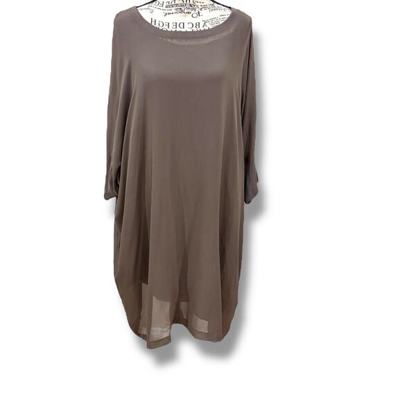 Eileen Fisher Size XL Brown 100% Silk Chiffon 2-Layer Dress Oversized Lagenlook